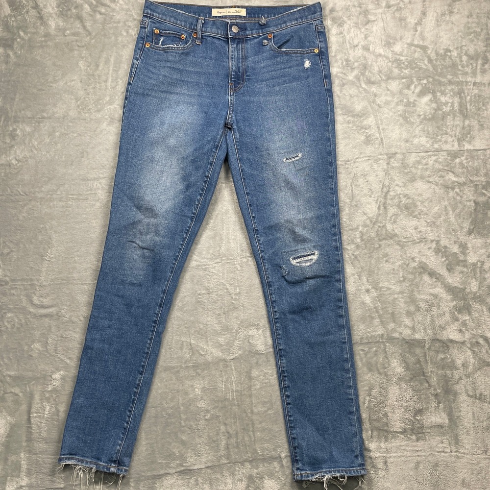 Gap Best Girlfriend Jeans Women 29 Tall Dark Indigo Distressed Raw Hem